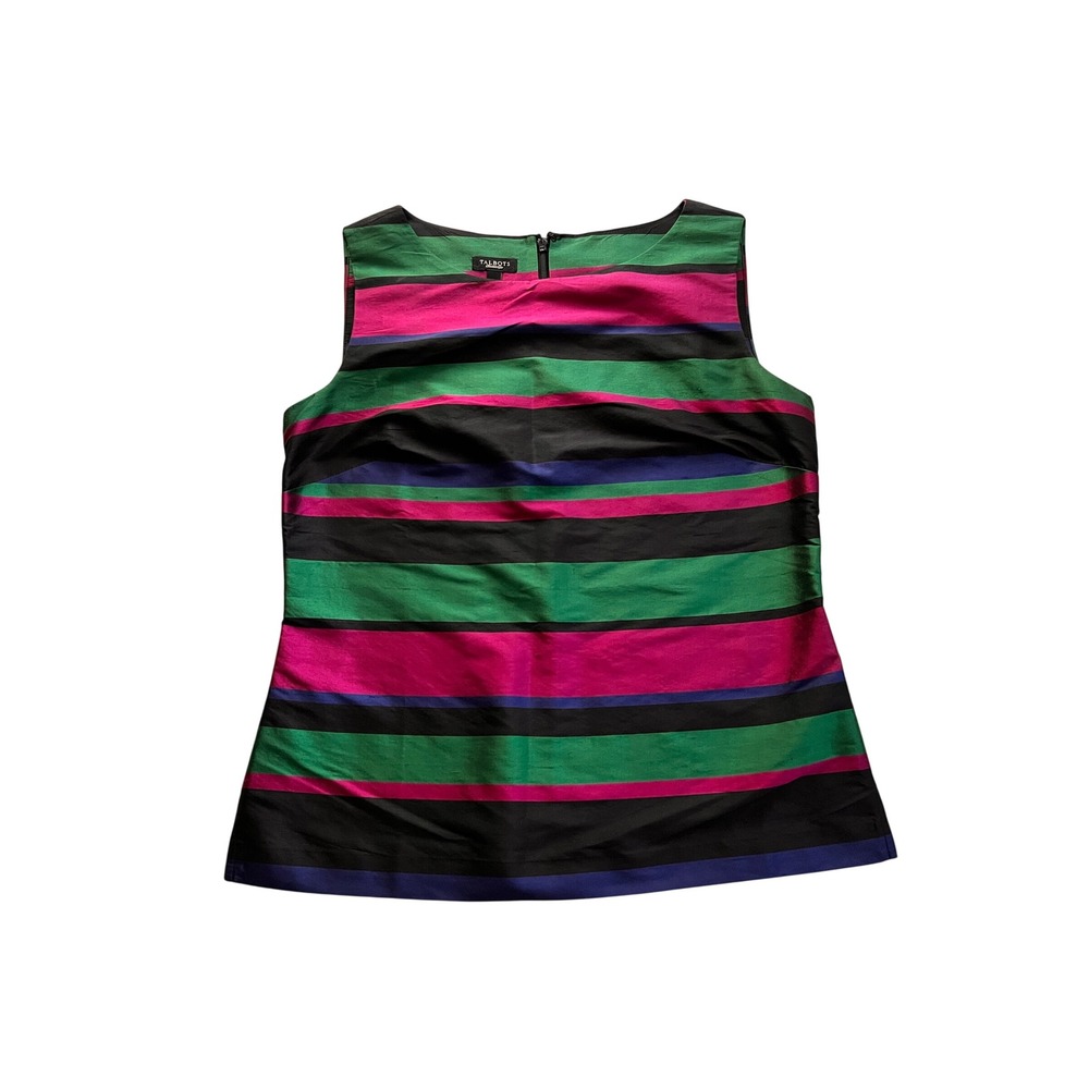 Talbots Womens 6 Silk Dupioni Striped Sleeveless Shell Top Green Pink Black